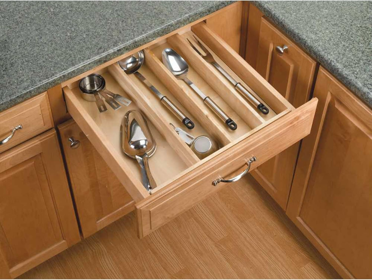 Rev-A-Shelf Trim-to-Fit Silverware Drawer Organizer For Kitchen Utensils, Cutlery Cabinet Storage Divider Insert, 18.5" x 22", Maple Wood, 4WUT-1