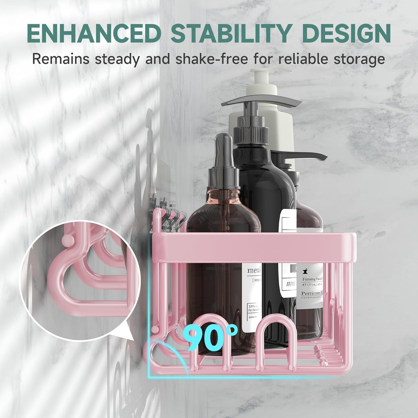 Veken Large Capacity Shower Caddy 6-Pack, No Drilling & Rustproof, Adhesive Shower Shelves with Soap Holder, Bathroom Organizers and Storage, Wall-Mounted Kitchen & Home Decor, Pink