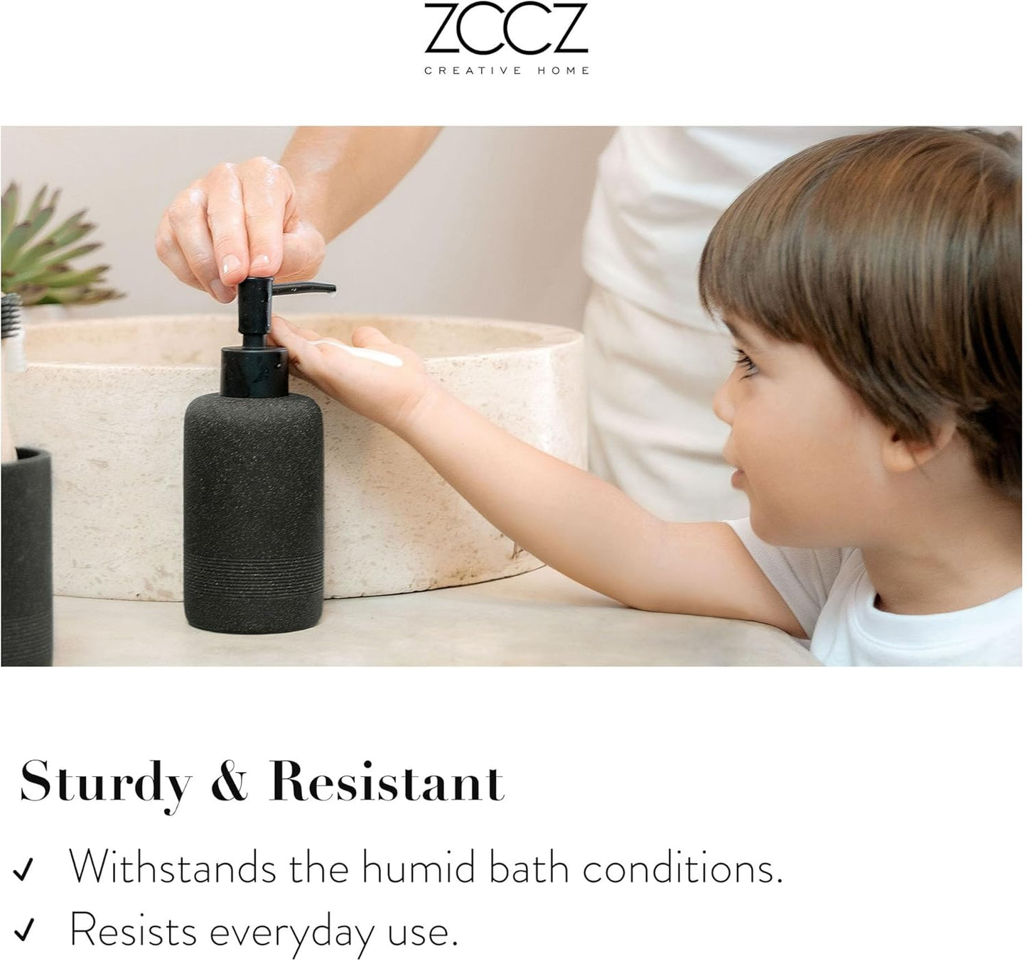 ZCCZ Black Stone Bathroom Accessories Set 6 Pieces - Toothbrush Holder, Lotion Dispenser, Qtip Container, Vanity Tray, Tumbler - Countertop Organizer for Bathrooms - Elegant and Functional Décor Set