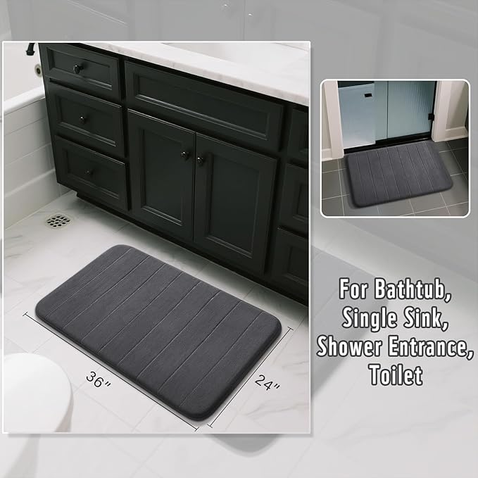 Yimobra Large Bath Mat 36"x24", Super Soft Quick Dry Memory Foam Bathroom Rug, Water Absorbent, Non Slip Backing Machine Washable for Tub Shower, Thick Comfort Support, Dark Gray