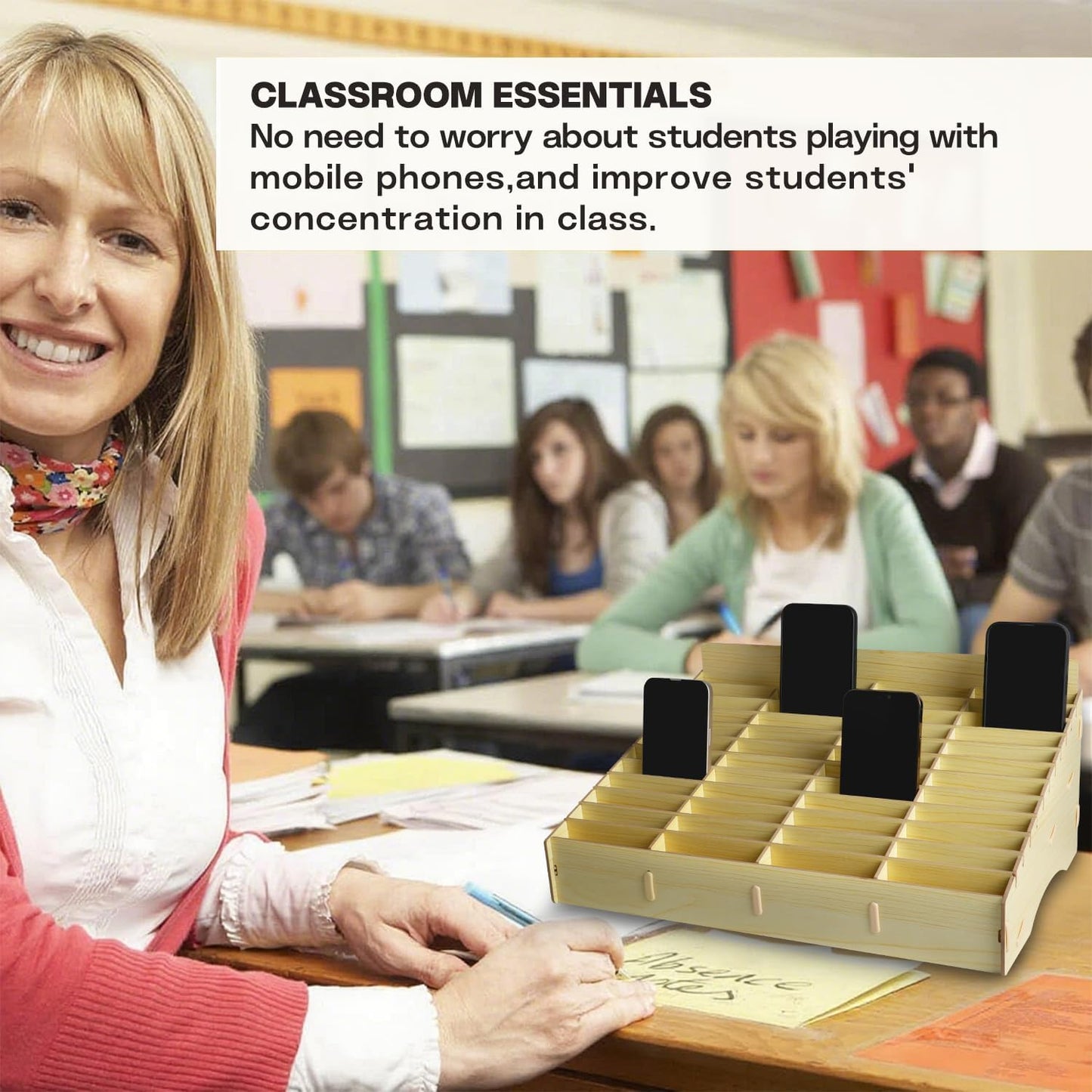 HengTianMei 48 Grid Wooden Desktop Storage Box Mobile Phone Management Storage Box Creative Desktop Office Meeting Finishing Grid Multi Cell Phone Rack Display