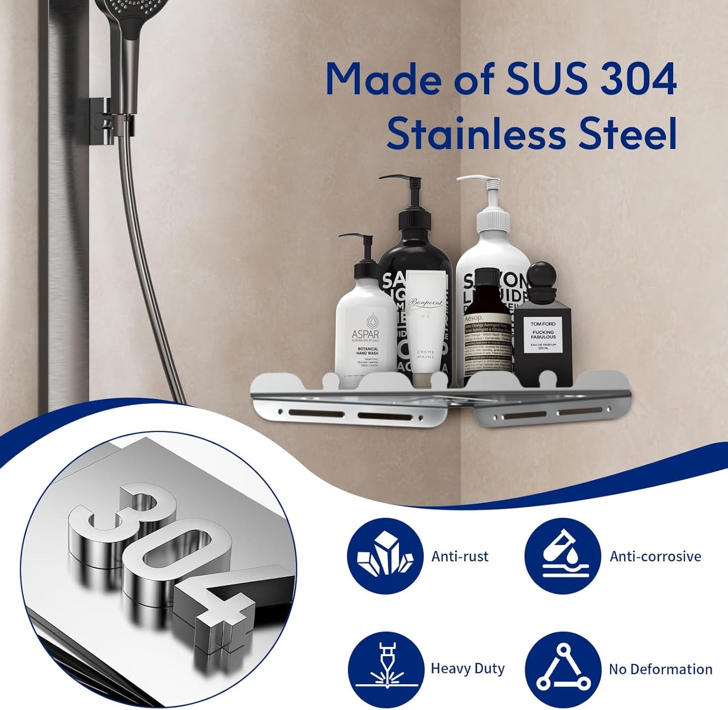 2 Pack Corner Shower Shelf, 10" 304 Stainless Steel Modern Corner Shower Shelf for Inside Shower, Heavy Duty Shower Caddy Organizer with Razor Hole, Drilling Installation (Brushed Nickel, 10")