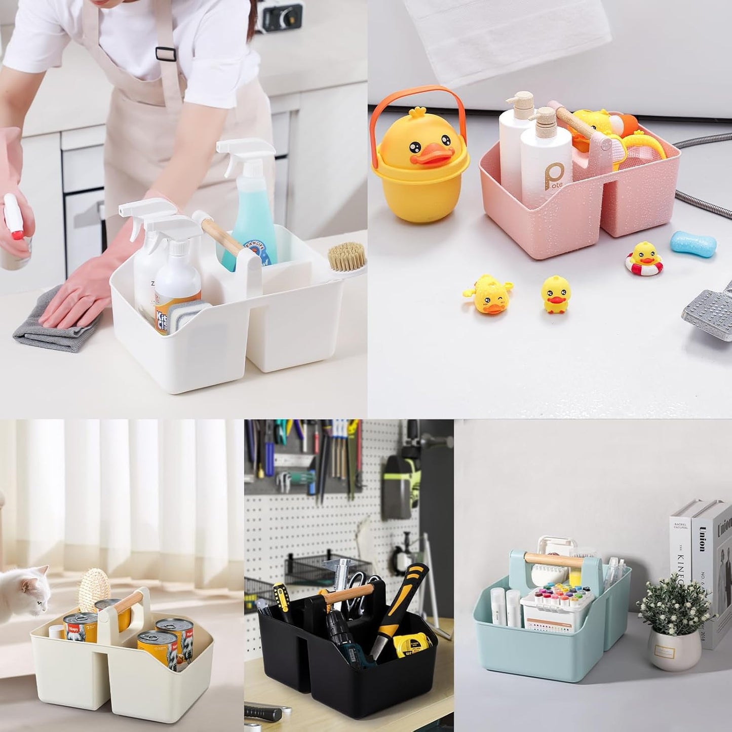 rejomiik Portable Shower Caddy Basket with Bamboo Handle, Plastic Cleaning Caddy Bathroom Organizer Tote for College Dorm Essentials, Bath Toy Storage, Blue