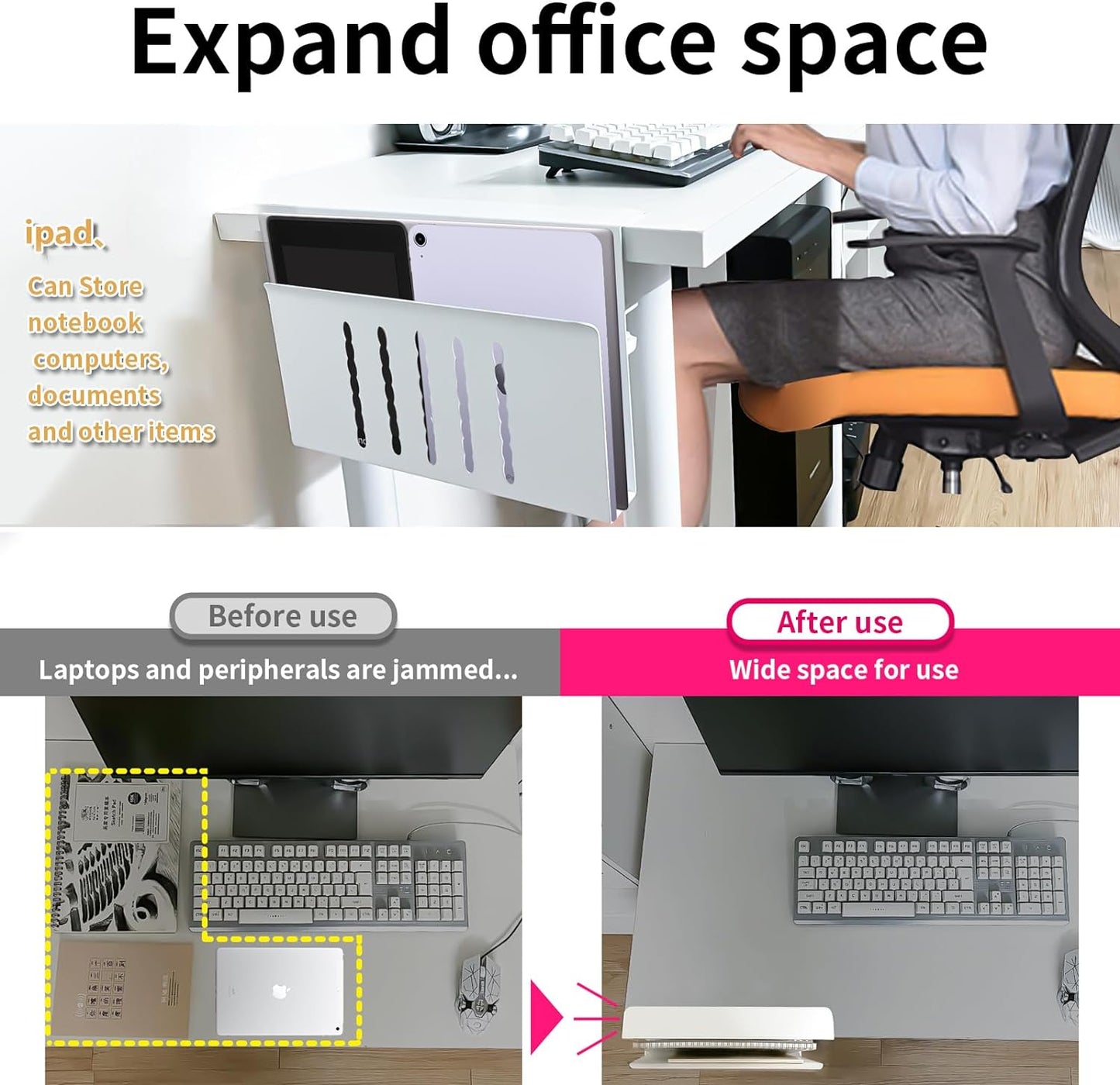 Desk Side Storage, Under Desk Storage, No Drill Steel Hanging Desk Organizer, Laptop Holder, Table Hanging Storages Holder for Office & Home (White)