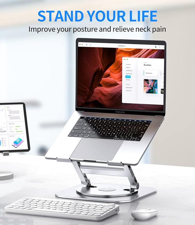 Adjustable Laptop Stand with 360 Rotating Base, Stable Computer Stand for Laptop Ergonimic Foldable Laptop Riser for Desk Compatible with MacBook Pro/Air Notebook up to 16 Inches, Silver
