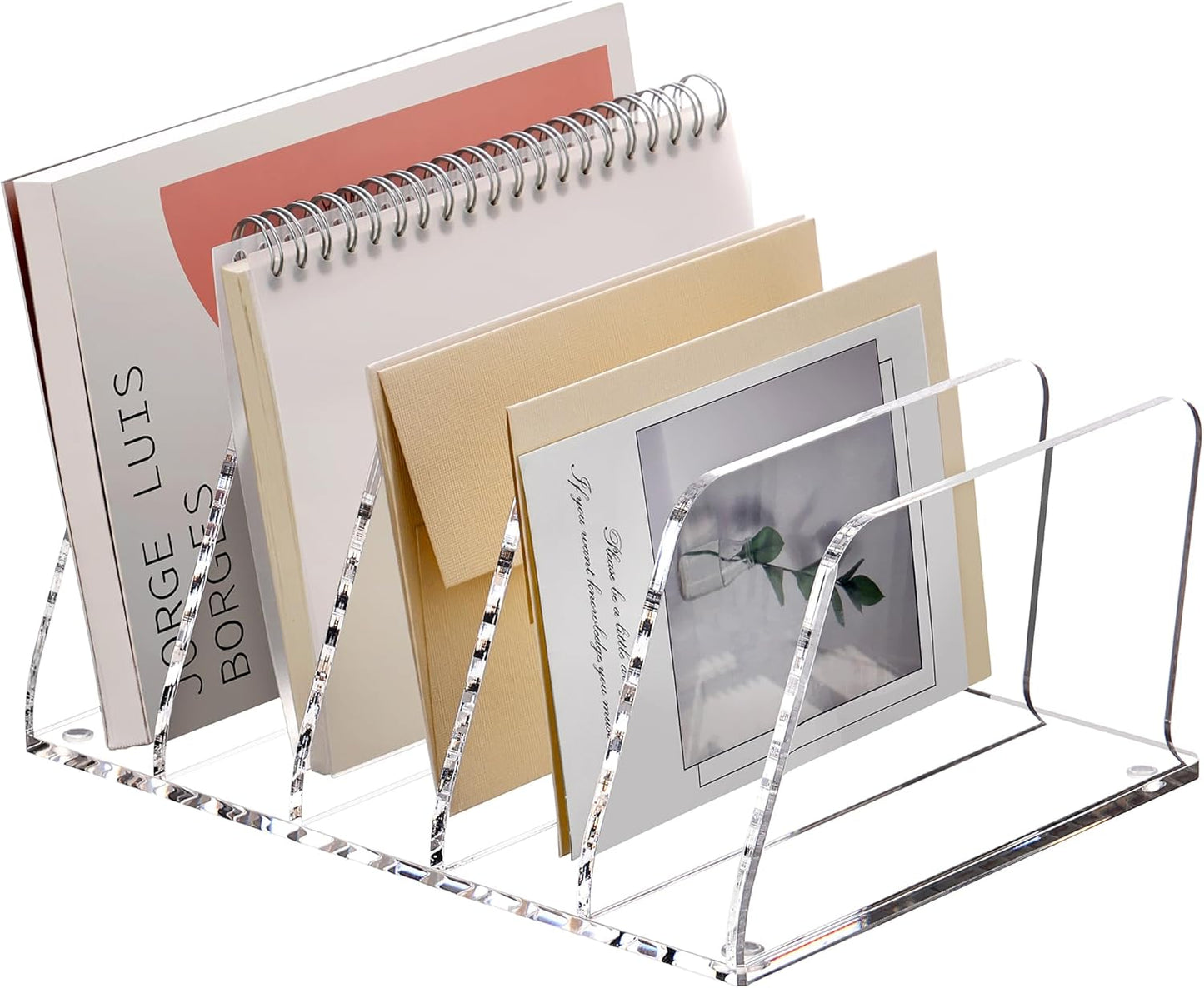 SANRUI Acrylic File Organizer for Desk, Clear 5-Section Vertical File Folder Holder Stand File Sorters, Mail Envelope Document Organization Rack Bookshelf for Office, Home, Classroom