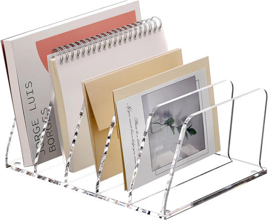 SANRUI Acrylic File Organizer for Desk, Clear 5-Section Vertical File Folder Holder Stand File Sorters, Mail Envelope Document Organization Rack Bookshelf for Office, Home, Classroom