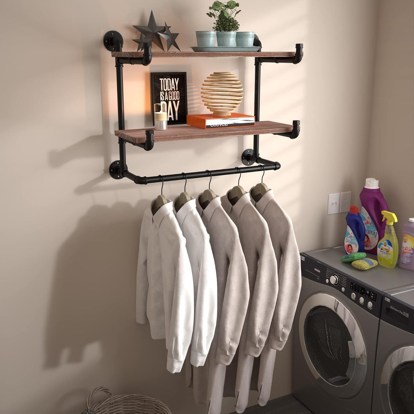 30in Industrial Pipe Clothing Rack,2-Tier Wall Mounted Clothes Rack, Pipe Clothing Rack with Shelf, Wall Hangers for Clothes, for Bedroom, Laundry, Living Room, Retail Store
