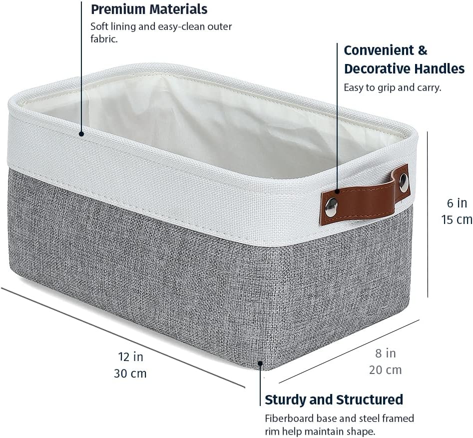 OrganiHaus Small Fabric Storage Baskets for Shelves 3 Pack, 12x08in Closet Storage Bins for Shelves, Canvas Baskets for Organizing, Linen Closet Organizers, Cloth Basket, Gray/Off-White