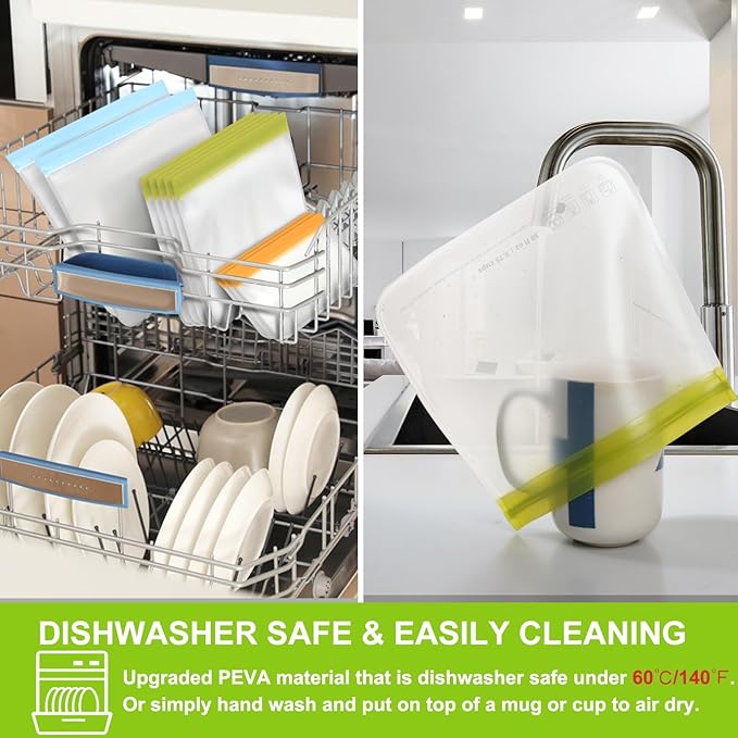 SPLF 12 Pack Dishwasher Safe Reusable Bags, Leakproof Reusable Freezer Bags, BPA Free Food Storage Bags for Lunch, Meal Prep, Marinate, Veggies, Travel - 2 Gallon 5 Sandwich 5 Snack