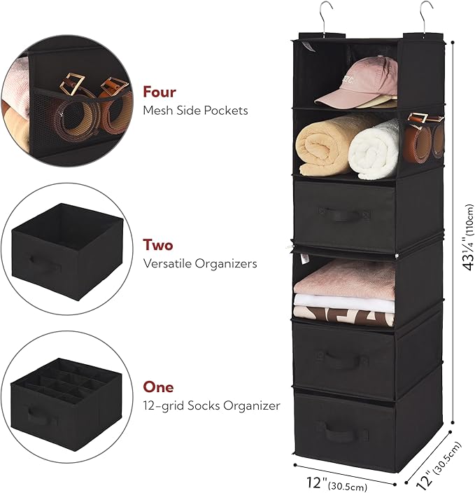 GRANNY SAYS 6-Shelf Hanging Closet Organizers and Storage, Separable to 2 Pack 3-Shelf Closet Hanging Organizer with 3 Drawers, 4 Side Pockets Hanging Shelves for Closet, Nursery, Black