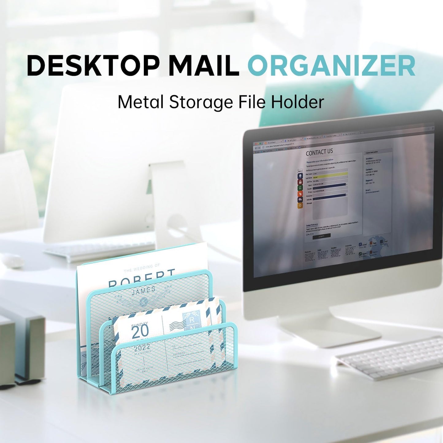 SUPEASY Mail Organizer for Desk, Mesh Metal Mail Holder Countertop with 3-Slot, Letter Sorter File Holder, Office Envelope Organizer for Mails (Blue)