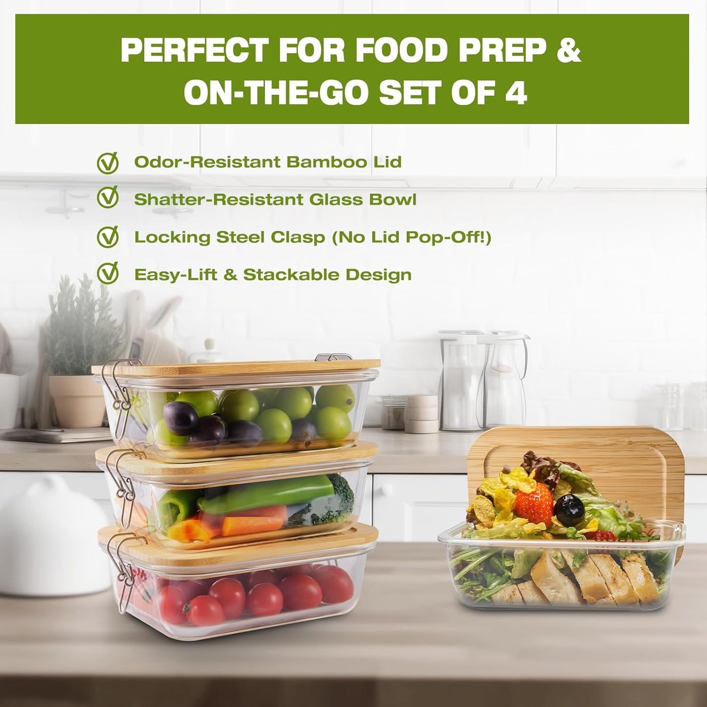 Airtight Glass Food Storage Containers with Bamboo Lids, Set of 4 Secure-Seal Containers for Meal Prep, 100% Leakproof, Plastic Free, Oven & Microwave Safe (4 Pack)