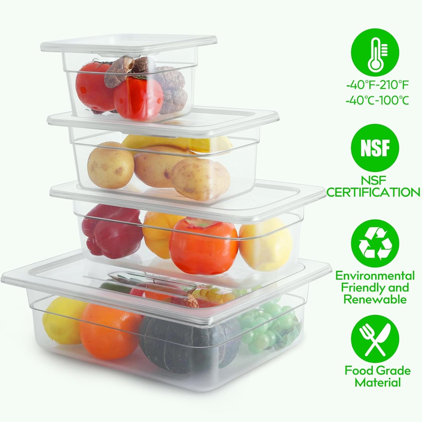 6 Pack 1/2 Size 4'' Deep Clear Food Pans with Lids, Commercial Food Pans Polycarbonate Transparent Food Storage Containers, Stackable Plastic Pan with Capacity Scale, Restaurant Supplies Hotel Pan