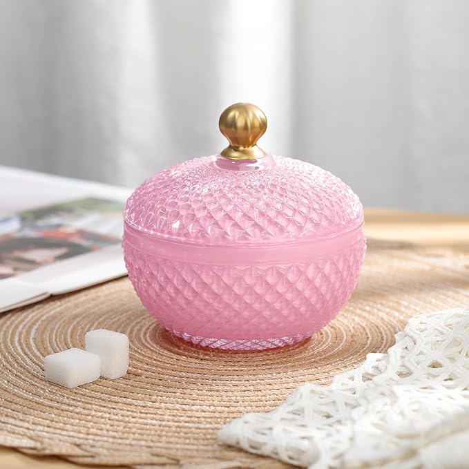 Joeyan 12 oz Small Pink Glass Jewelry Box Jars with Lid,Embossed Glass Candy Dishes,Diamond Faceted Food Container,Decorative Apothecary Canisters,Colored Kitchen Bathroom Buffet Storage Organizer