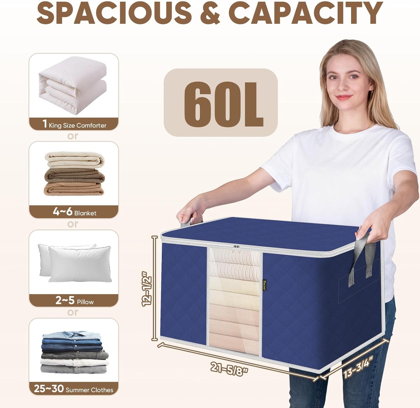 BALEINE 8 Pack Clothes Storage Bags, 16 Gallon Storage Containers with Reinforced Handle, Sturdy Zipper, Closet Organizer for Blanket, Comforter, Pillow, Bedding (Blue, 8 Pack)