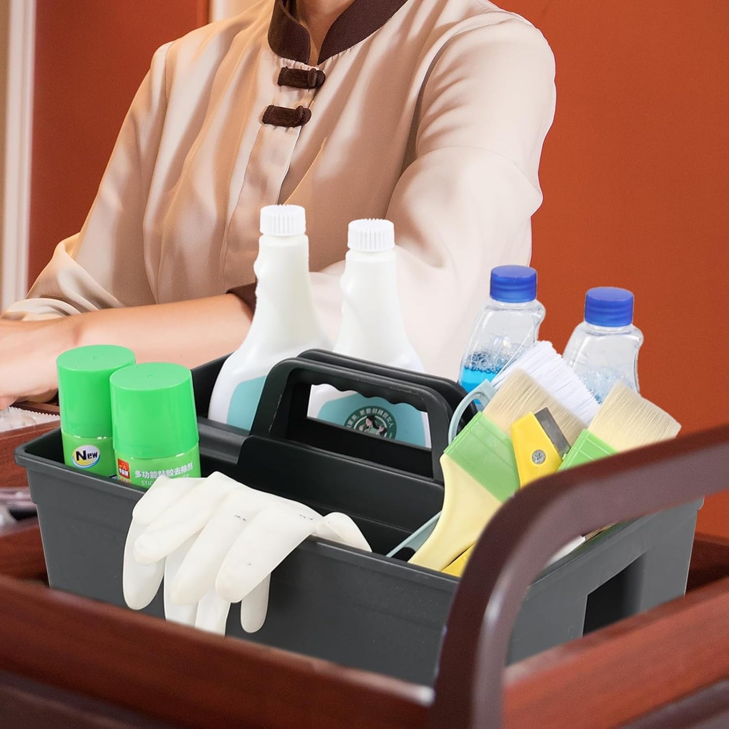 Morcte 6 Pack Plastic Cleaning Supply Caddy, Cleaning Carry Caddy Organizer with Handle, Gray