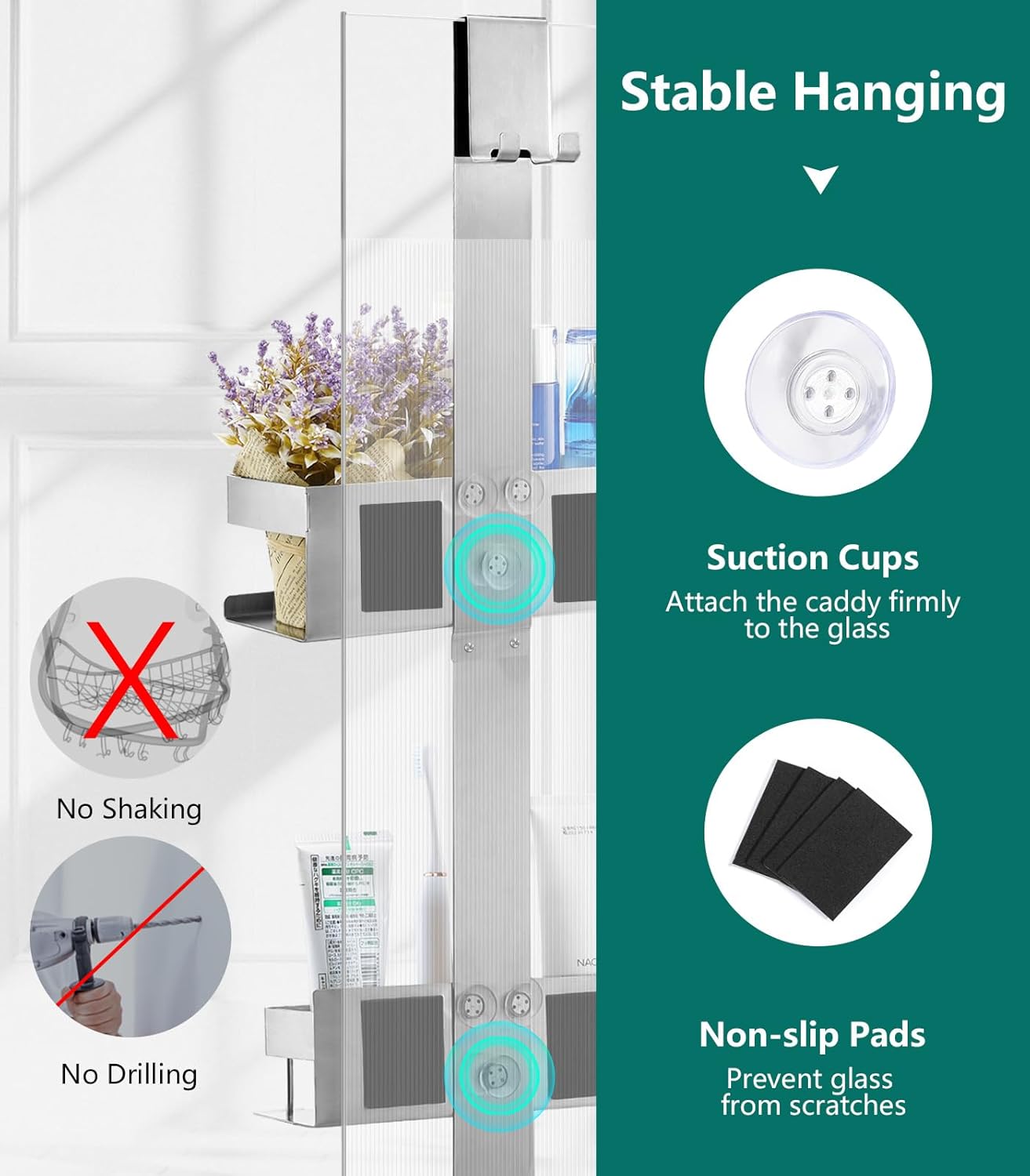 Emibele Over The Door Shower Caddy 2 Tier, 304 Stainless Steel Hanging Shower Caddy Rustproof Shower Shelves, No Drilling Hanging Shower Organizer for Bathroom Glass Door, Silver