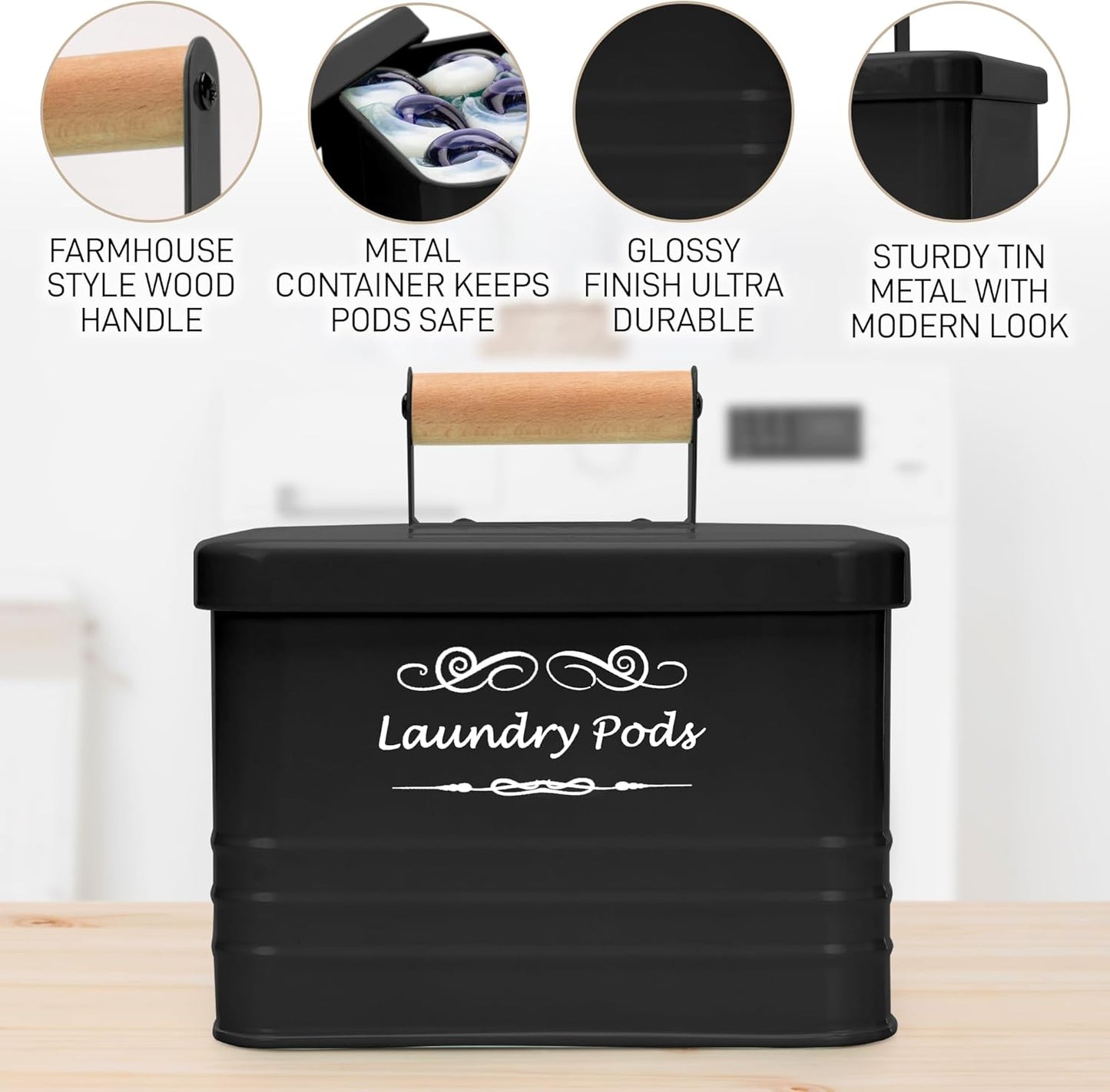 ELITAPRO Modern Farmhouse Laundry Pods Container - Metal Detergent Pods Holder with Lid for Laundry Room Decor & Accessories - Organization & Storage