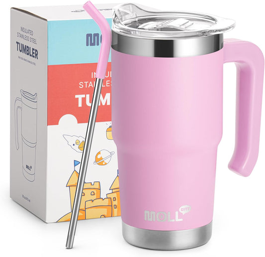Insulated Tumbler with Handle 16 oz Stainless Steel Double Wall Vacuum Tumbler Cups Travel Coffee Mug with Lid and Straw (Purple Pink)