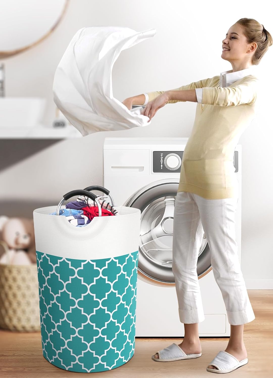 Large Laundry Basket Laundry Hamper Bag Washing Bin Clothes Bag Collapsible Tall With Handles Waterproof Travel Bathroom College Essentials Storage For College Dorm, Family (Green)75L