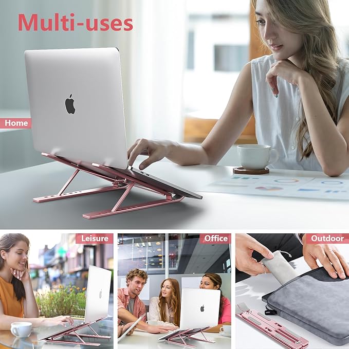 Laptop Stand for Desk, Aluminum Metal MacBook Stand，Computer Riser for Desk, Portable Foldable Adjustable Notebook Holder, Compatible with 10-15.6 Inch Laptops, iPad, Rose Gold.