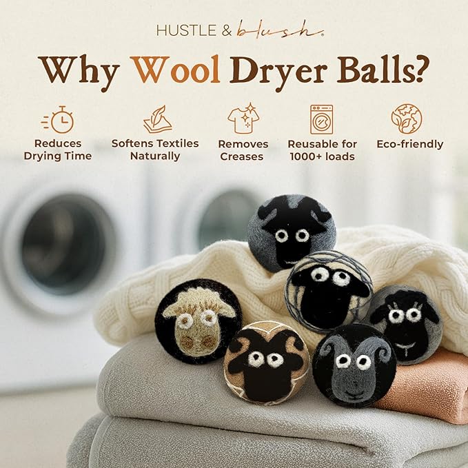 Hustle & Blush Fluff Ewes Wool Dryer Balls 6 Pack - XL Classic Premium New Zealand Laundry Set, Reduces Drying Time, Static Control, Chemical Free, Ideal Holiday Gifts for Women & Men