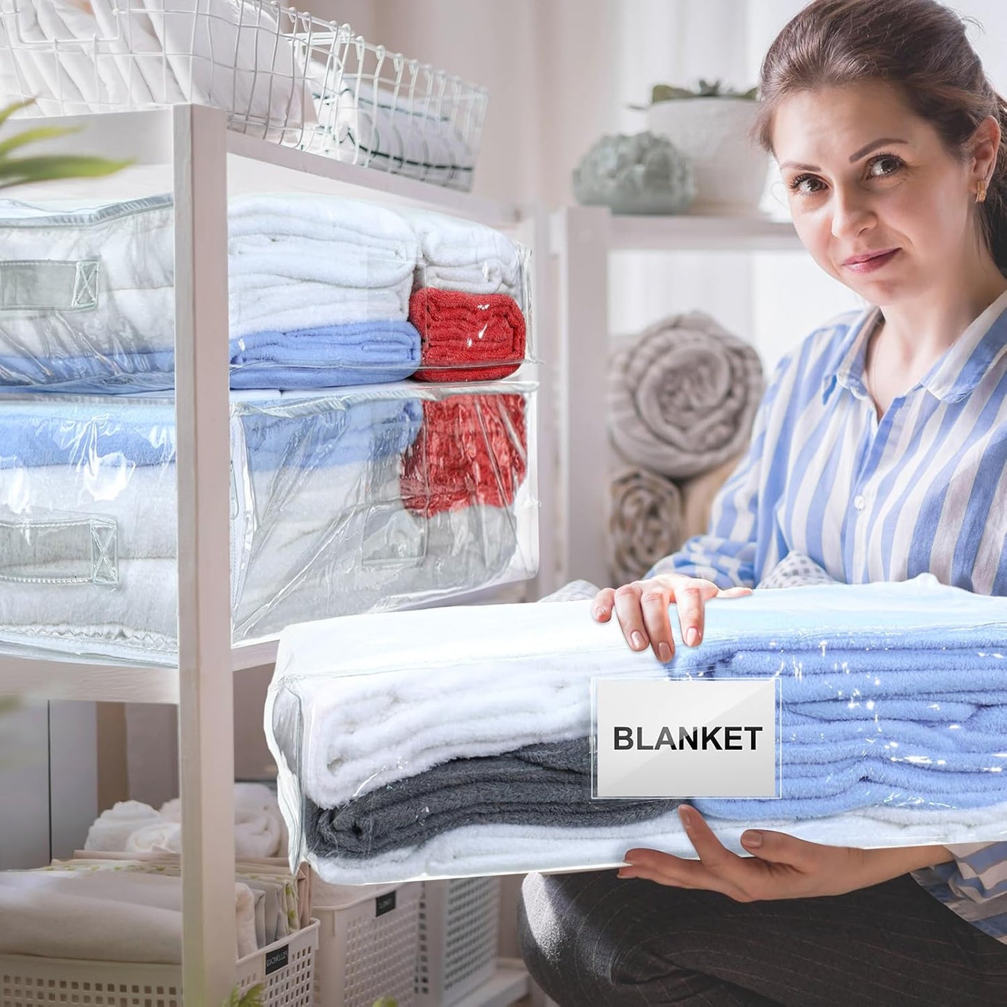 Kenning Set of 20 Clear Vinyl Zippered Storage Bags for Sheet Organizer Plastic Sweater Bags with Handle Pocket for Bed Blanket Throw Pillow Toys(White,18 x 15 x 4 Inch)