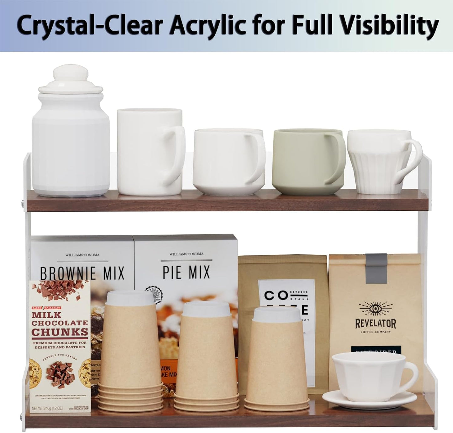 2 Tier Acrylic Coffee Station Organizer Countertop, Kitchen Counter Holder for Tea Bags Mugs Cups Syrup Sugar Spice, Condiment Storage Rack, Multifunctional Shelf Organizer for Coffee Bar Accessories