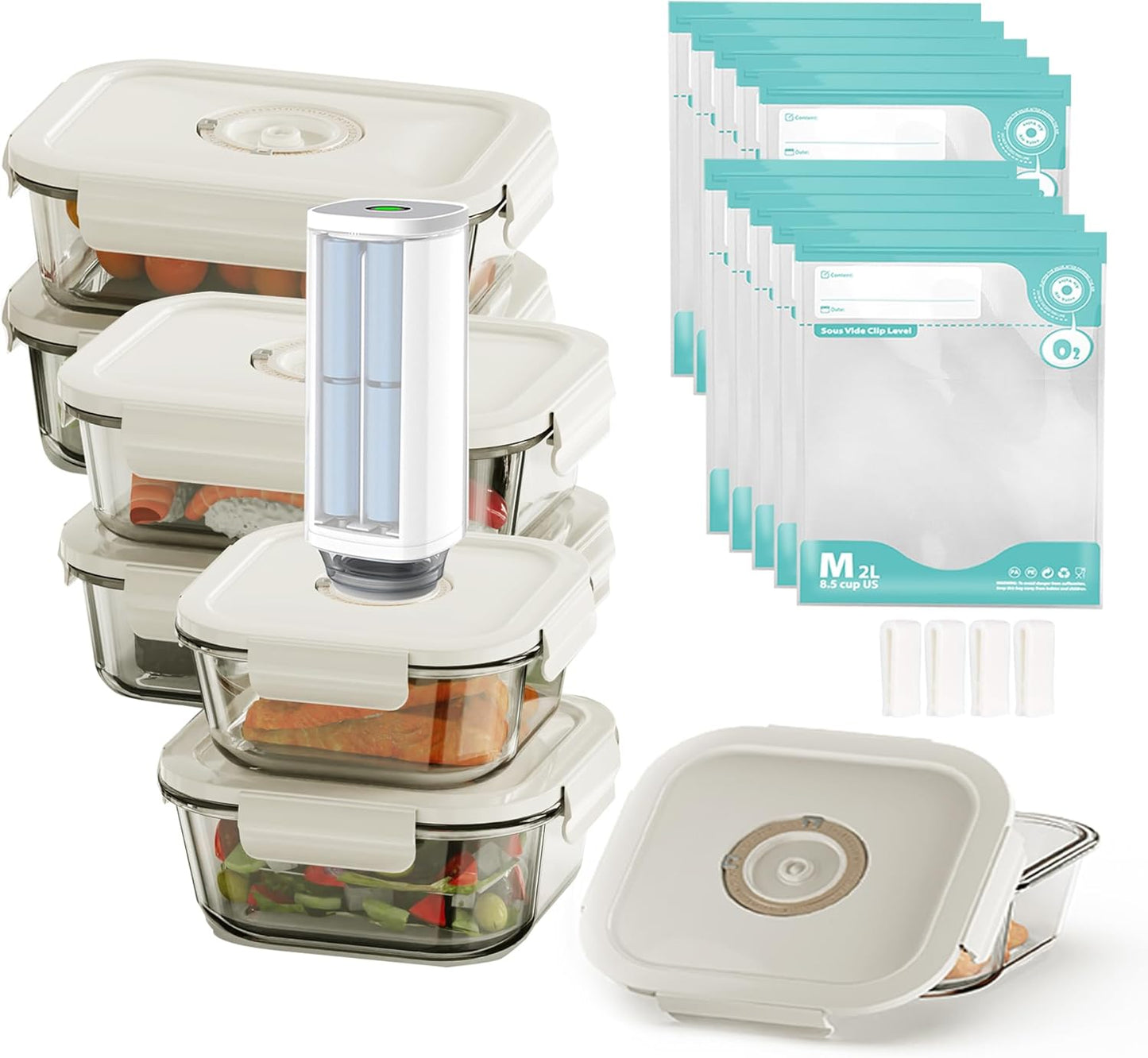21 PCS Electric Vacuum Sealer, Borosilicate Glass Food Storage Containers, Premium Airtight, Portable Mini Vacuum Pump with 6 Containers, 10 Reusable Food Saver Sealer Bags,4 Sealing Clips