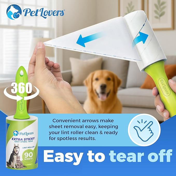 PetLovers Extra Sticky Lint Roller Mega Value Set 450 Sheets for Pet Hair Removal and Clothes, Dog and Cat Lint Remover 5 Pack Green