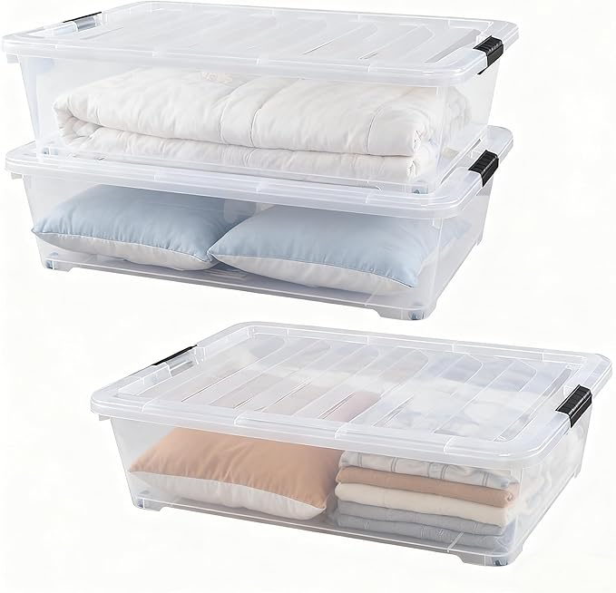 Zopnny 50 Quart Large Underbed Storage Bins with Lids, Plastic Under Bed Storage Containers, Clear, 3 Packs