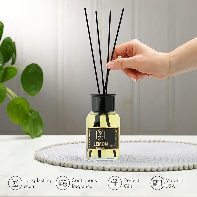 Reed Diffuser Set with Sticks for Home – Bathroom, Bedroom & Office Aromatherapy – Long Lasting Scented Oil Diffuser with Sticks – Luxury Room Fragrance Diffuser 55ml,1.7 fl oz (Lemon)
