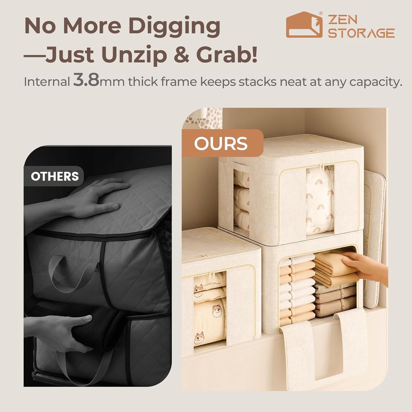 3Pack 60L Large Cloth Storage Bins with Metal Frame, Linen Storage Box with Clear Window, Stackable Sweater Storage for Closet, Clothes Containers for Comforters, Blankets, Quilts, T-shirt