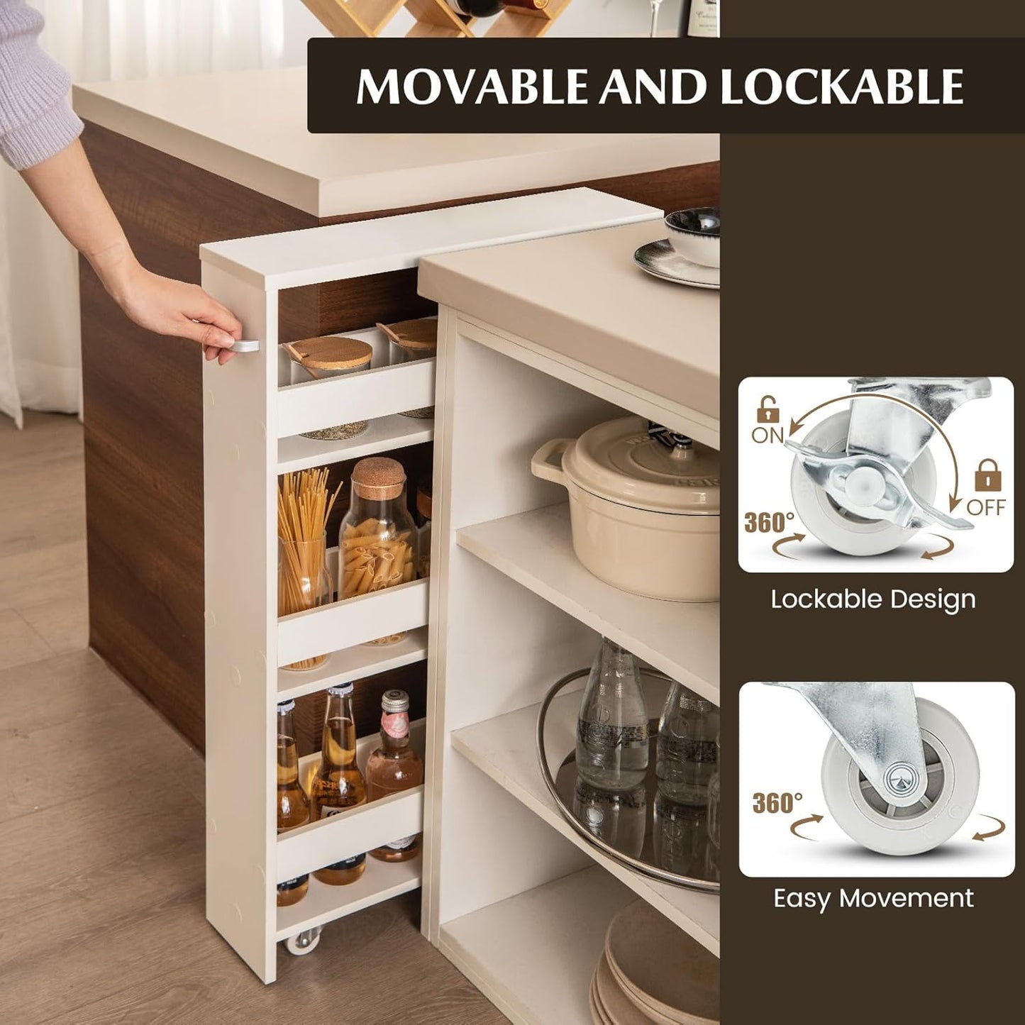 LOKO Slim Storage Cart, 4-Tier Rolling Cart with Handle & Wooden Top for Kitchen Bathroom Laundry Living Room Narrow Small Spaces, 5 Inches Width (Plain White)