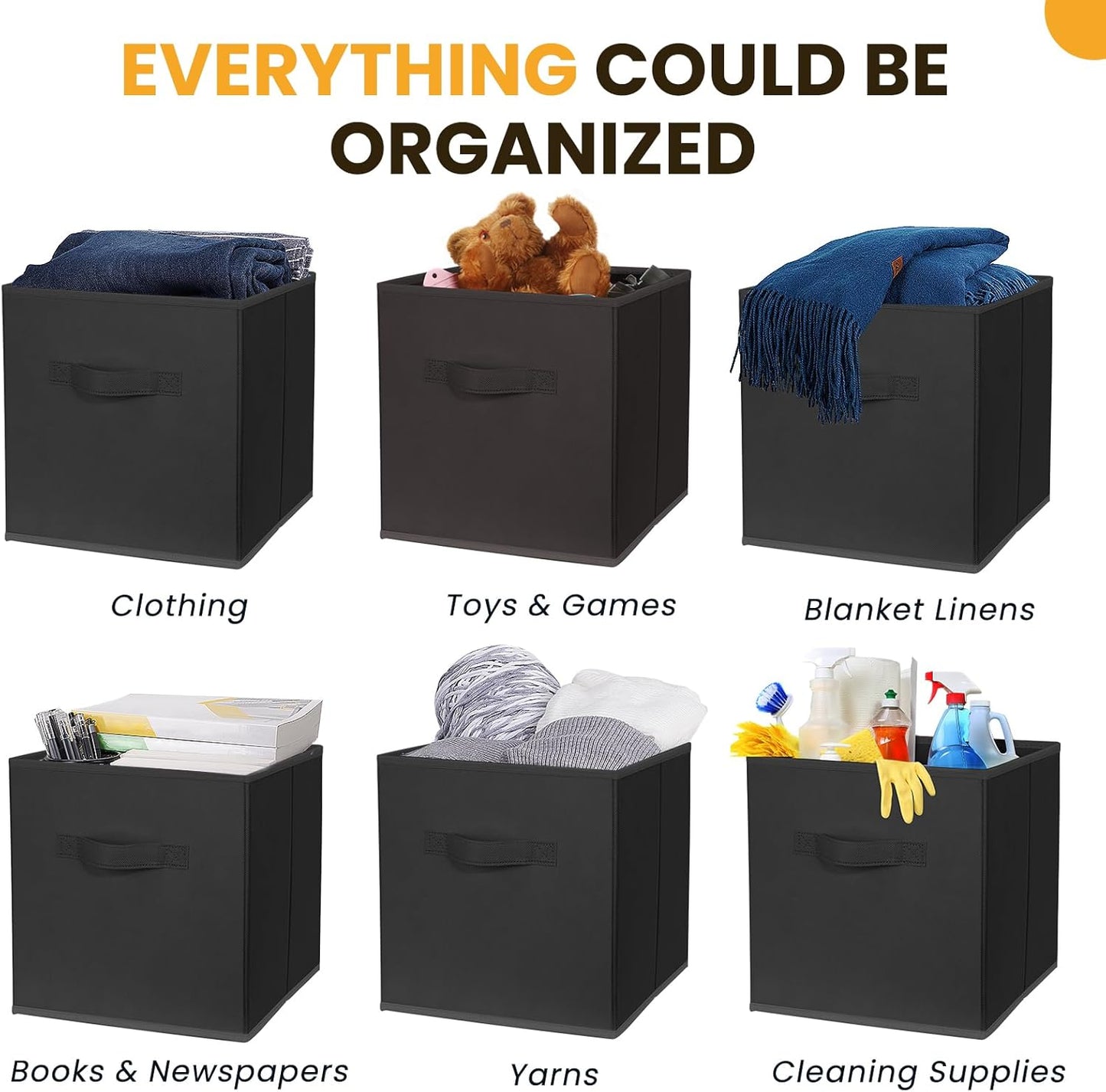 Large Storage Cubes- 13 Inch Cube Storage Bins for Organizing Shelves Kallax - Nursery Closet Organization Bins for Clothes Blanket - 10 Pack Collapsible Decorative Storage Box for Living Room (Black)