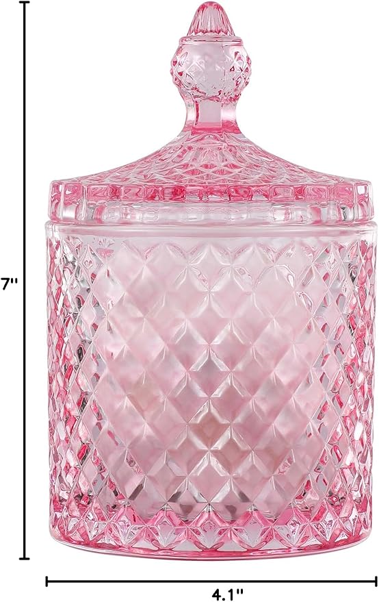 Qtip Holder Glass Apothecary Jars with Lid for Bathroom Canisters Dispenser Decor, Storage Organizer for Cotton Swabs, Balls, Pads, Floss Picks, Candy, Pink