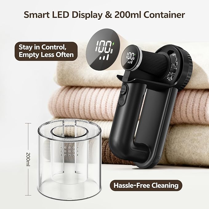 Rechargeable Fabric Shaver, 2-in-1 Lint Remover for Clothing, Furniture, Sweater with 6-Blade, 200ml Container, LED Display, 2000mAh USB-C, 3-Speed Lint Shaver Eliminates Fuzz & Pilling