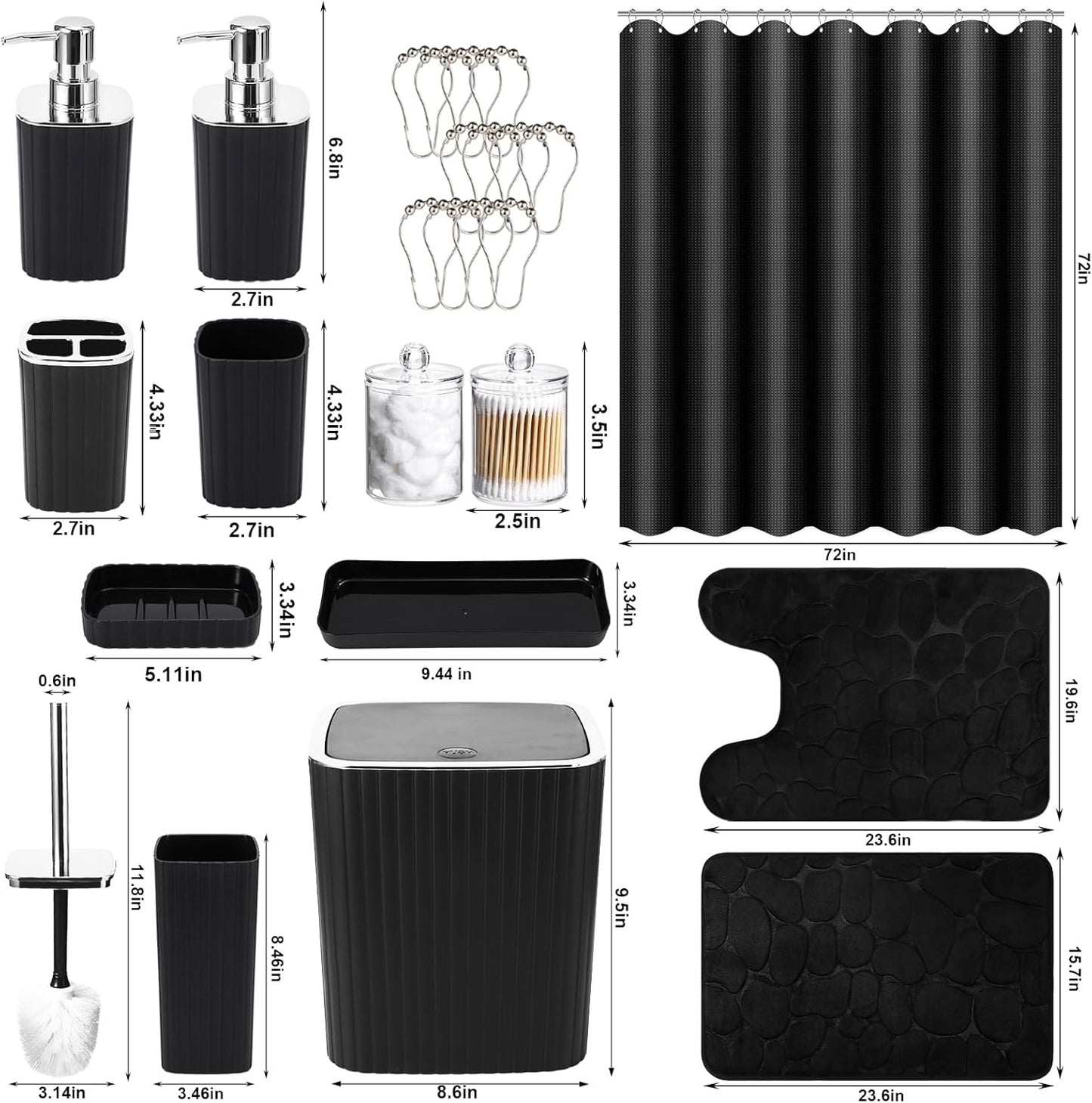 Bathroom Accessories Set - 25PC Black Bathroom Set, Bathroom Set with Shower Curtain and Rugs, Black Shower Curtain Set & Bathroom Rugs