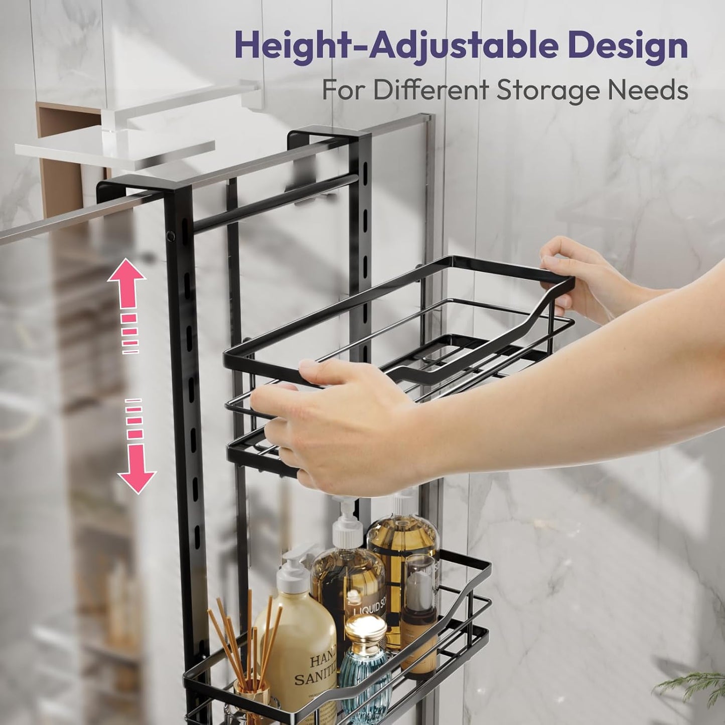 SWTYMIKI Over the Door Shower Caddy - 4 Tier Adjustable Shower Organizer Hanging with Soap Holder, No Drilling Stainless Steel Bathroom Rack Hanging for Body Wash, Shampoo, Soap, Razor, Black
