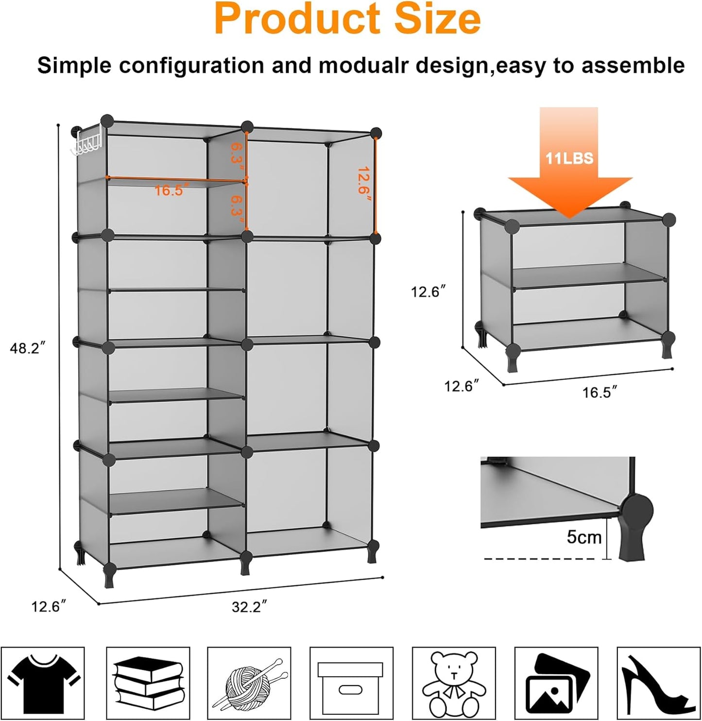 AWTATOS Closet Organizer 8 Cube Storage Shelves Clothes Organizers Stackable Cubby Shelving for Closet Bedroom Living Room Grey