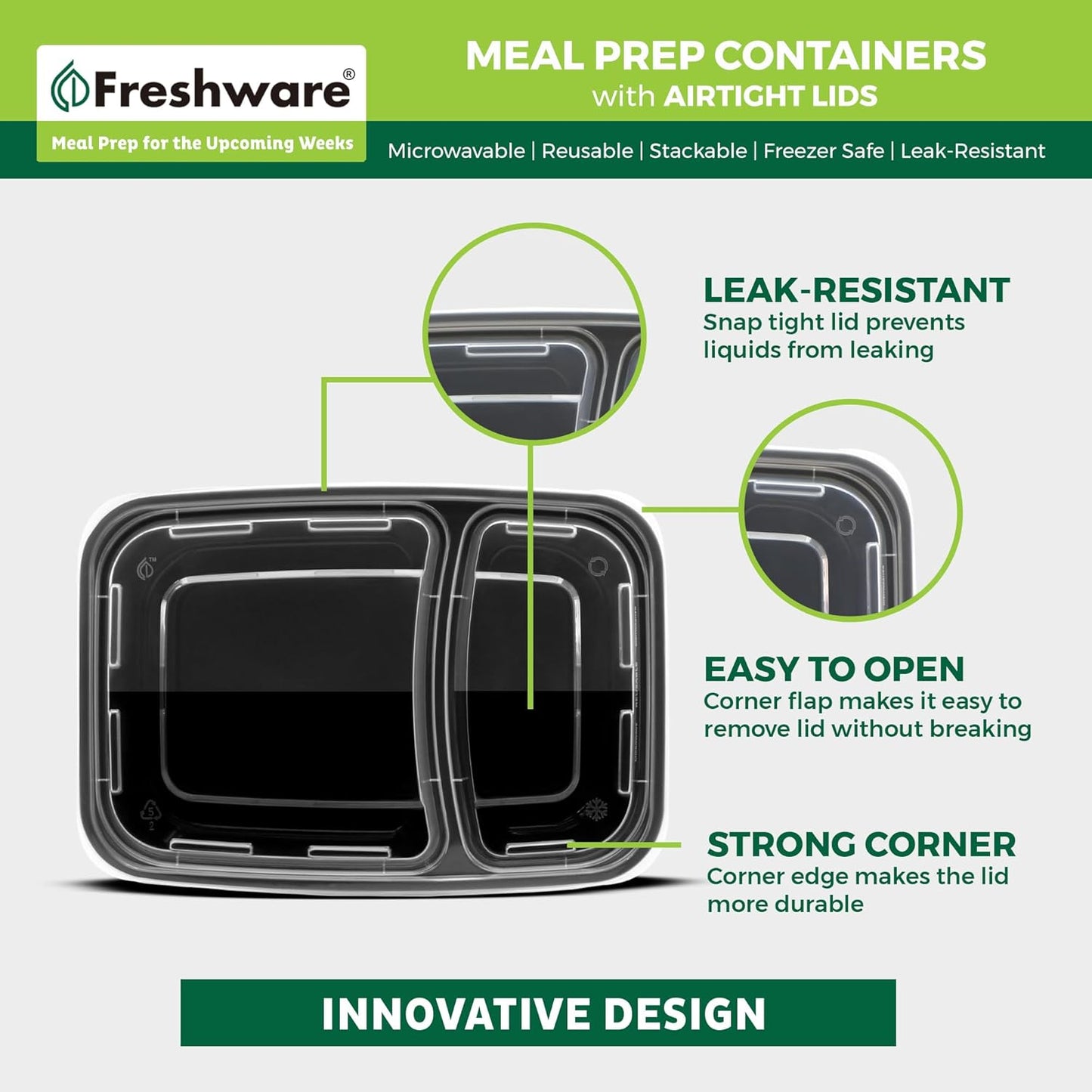 Freshware Meal Prep Containers [150 Pack] 2 Compartment with Lids, Food Storage Containers, Bento Box, BPA Free, Stackable, Microwave/Dishwasher/Freezer Safe (28 oz)