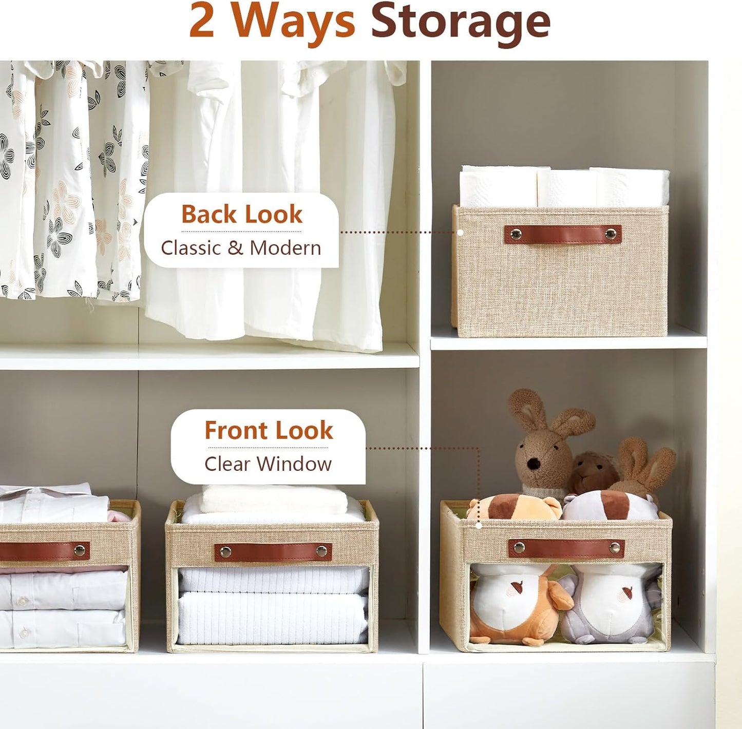Medium Storage Baskets with Clear Window, See Through Closet Organizer with PU Handles, Linen Foldable Storage Bins for Organizing Clothes, Toys, Books (Khaki)