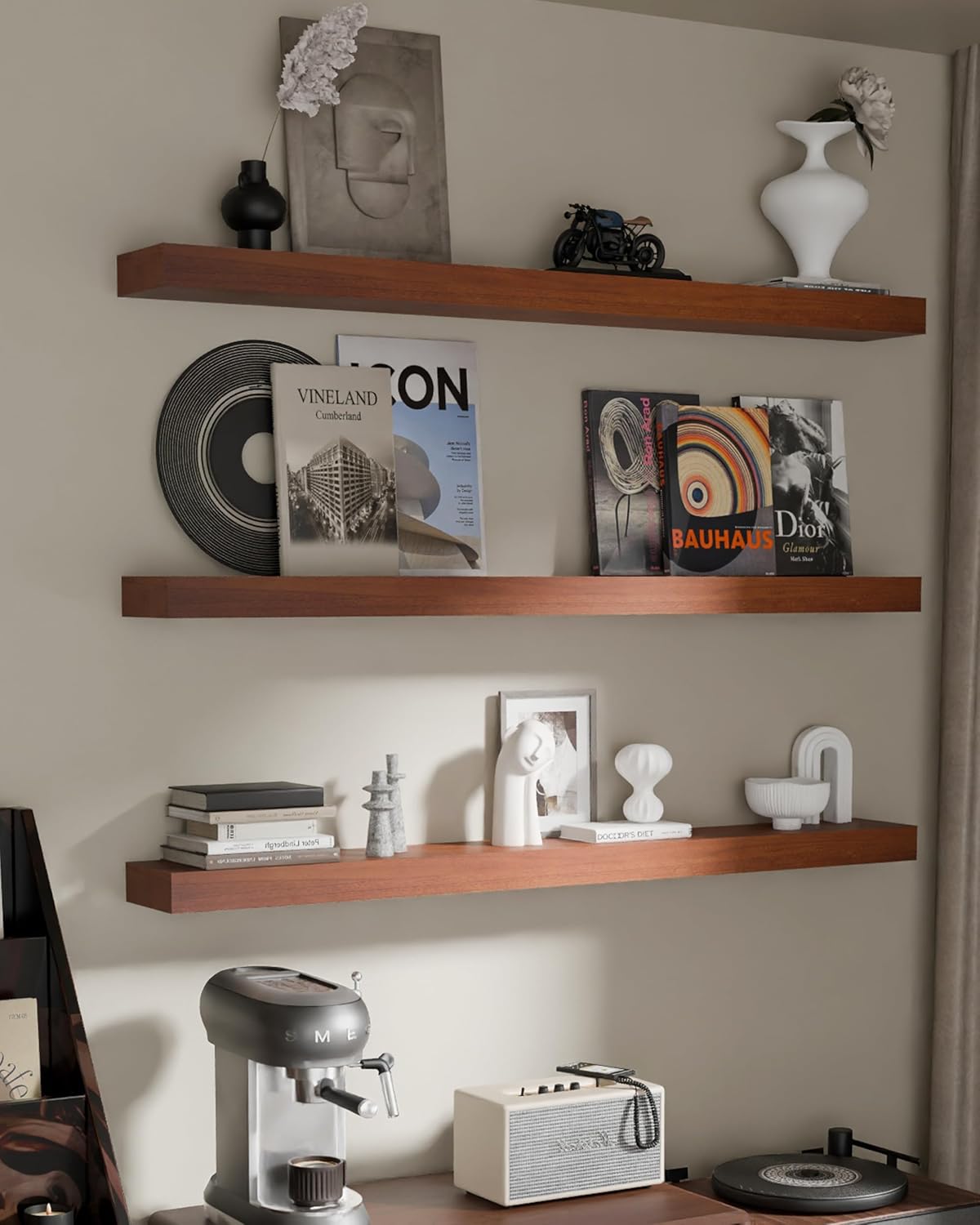 Floating Shelves for Wall, 48 Inch Extra Long Brown Wall Shelves, Set of 3, Hanging Invisible Brackets Floating Shelves for Living Room,Bedroom,and Kitchen