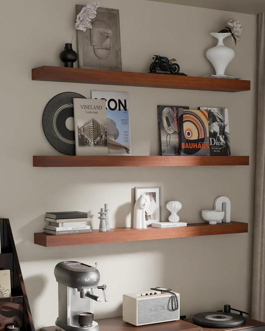 Floating Shelves for Wall, 48 Inch Extra Long Brown Wall Shelves, Set of 3, Hanging Invisible Brackets Floating Shelves for Living Room,Bedroom,and Kitchen