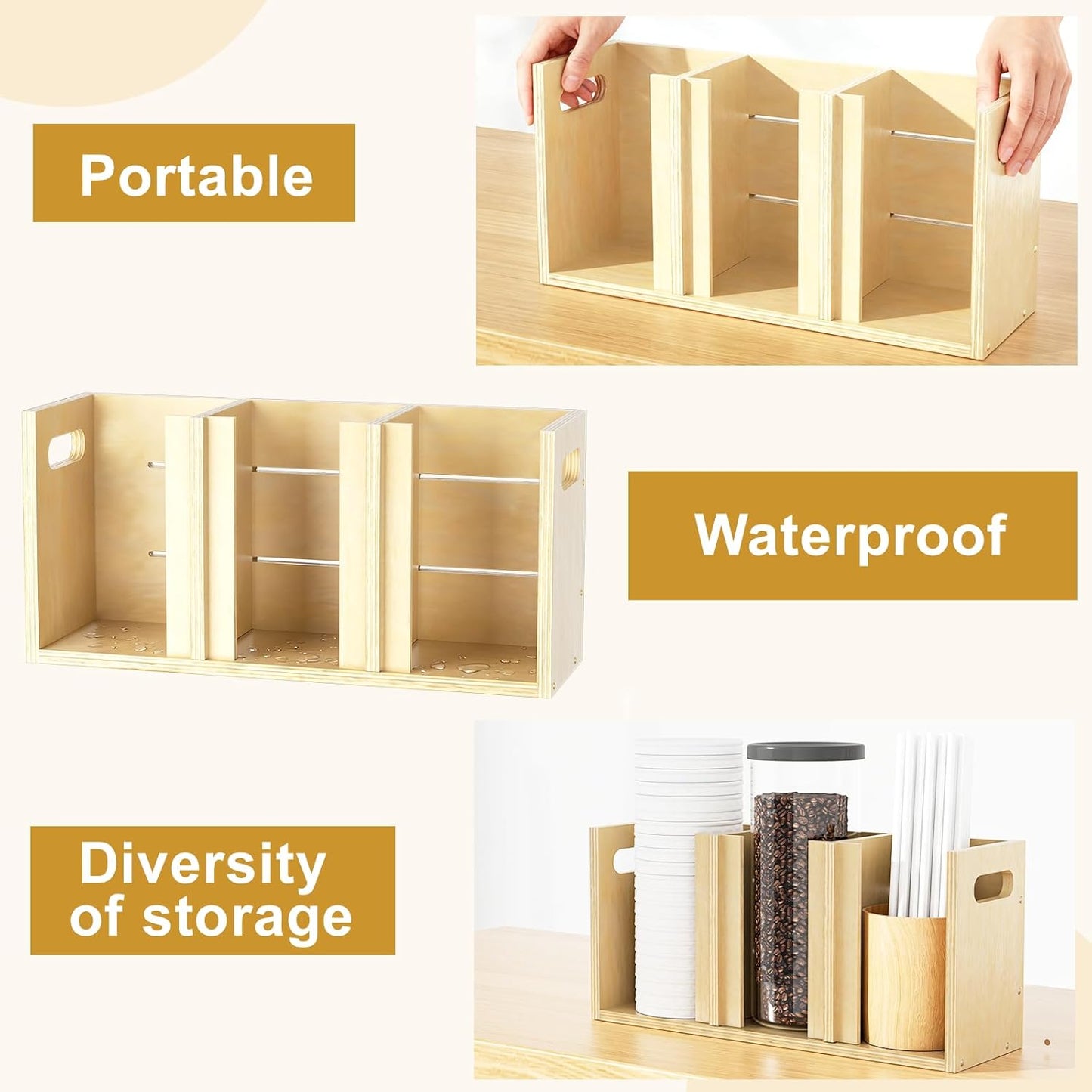 Wood Cup Lid Organizer 3 Compartments with Adjustable Dividers for Counter Wall Mount Disposable Cup and Lid Storage Kitchen Restaurants Fast Food Coffee Shop Supplies (15”W x 7”H x 4.7”D)