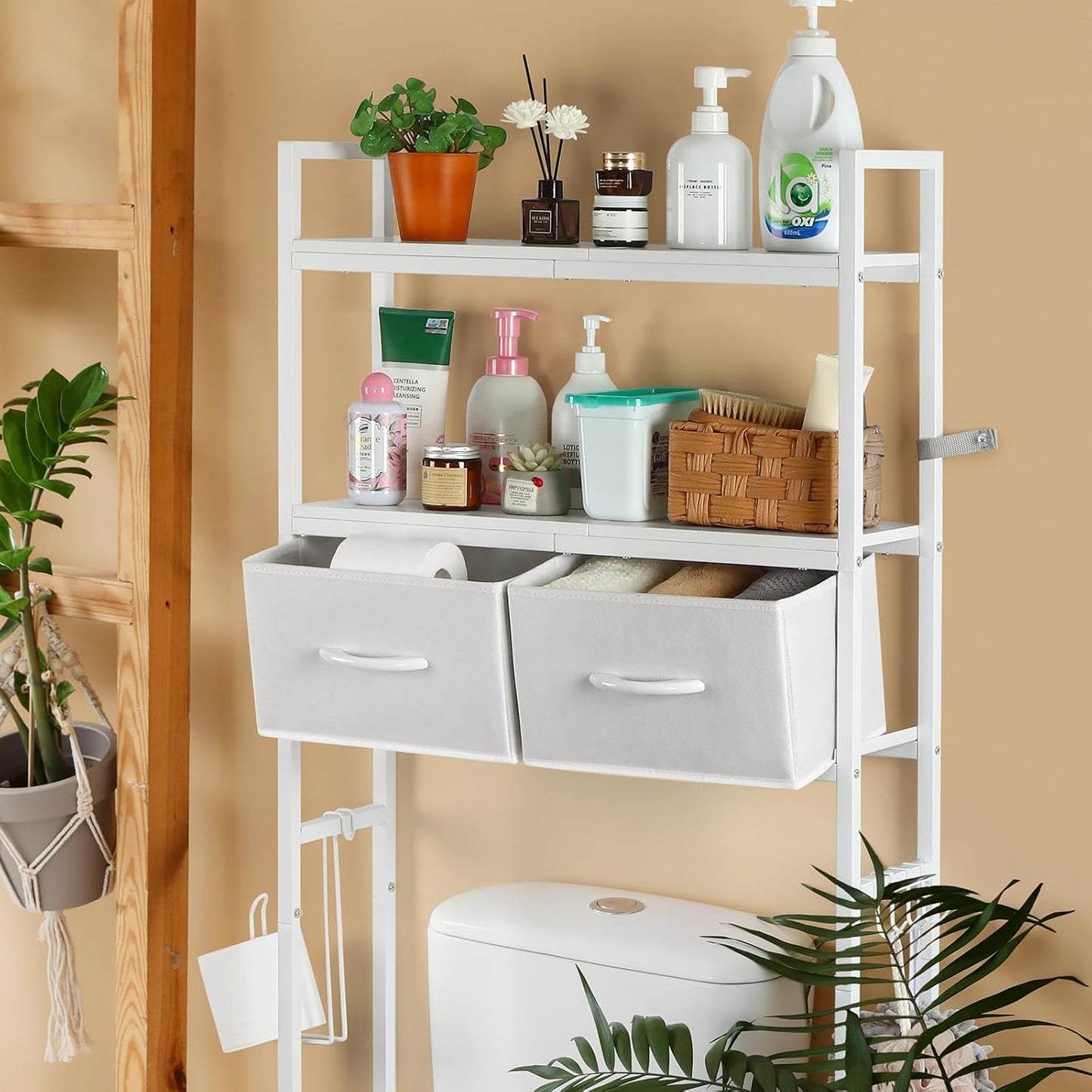 YBING Over The Toilet Storage Cabinet, Over Toilet Bathroom Organizer with Drawer, Above Toilet Stand with Roll Holder and Hooks, Over Toilet Storage Shelf Cabinet, Wooden, White