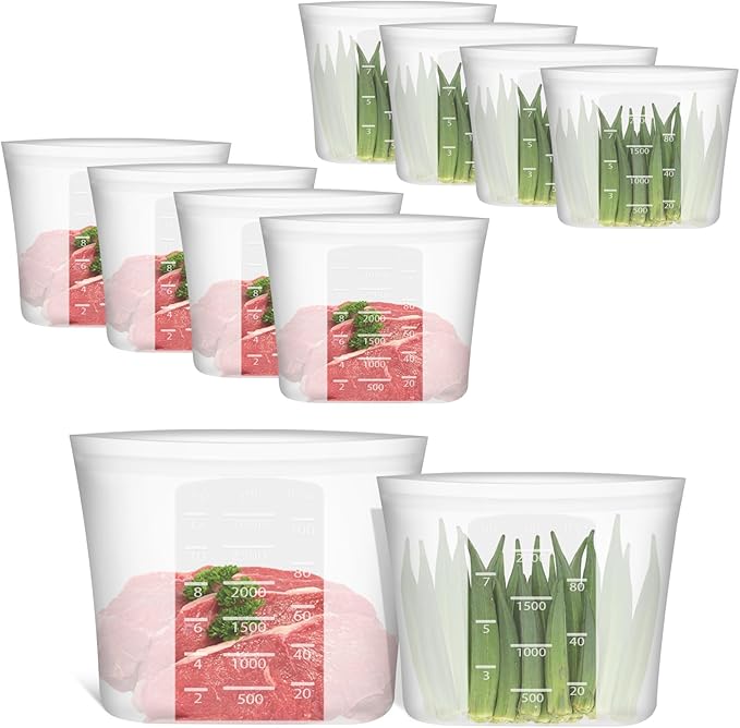 Reusable Storage Bags, Set of 2 Large Sizes, 8 Pack 100% Silicone Food Storage Bags Stand Up Zip Lock Bag for Food, Freezer Microwave Oven Dishwasher Safe, 4 XL-4/5 Gallon, 4 L-1/2 Gallon, Translucent