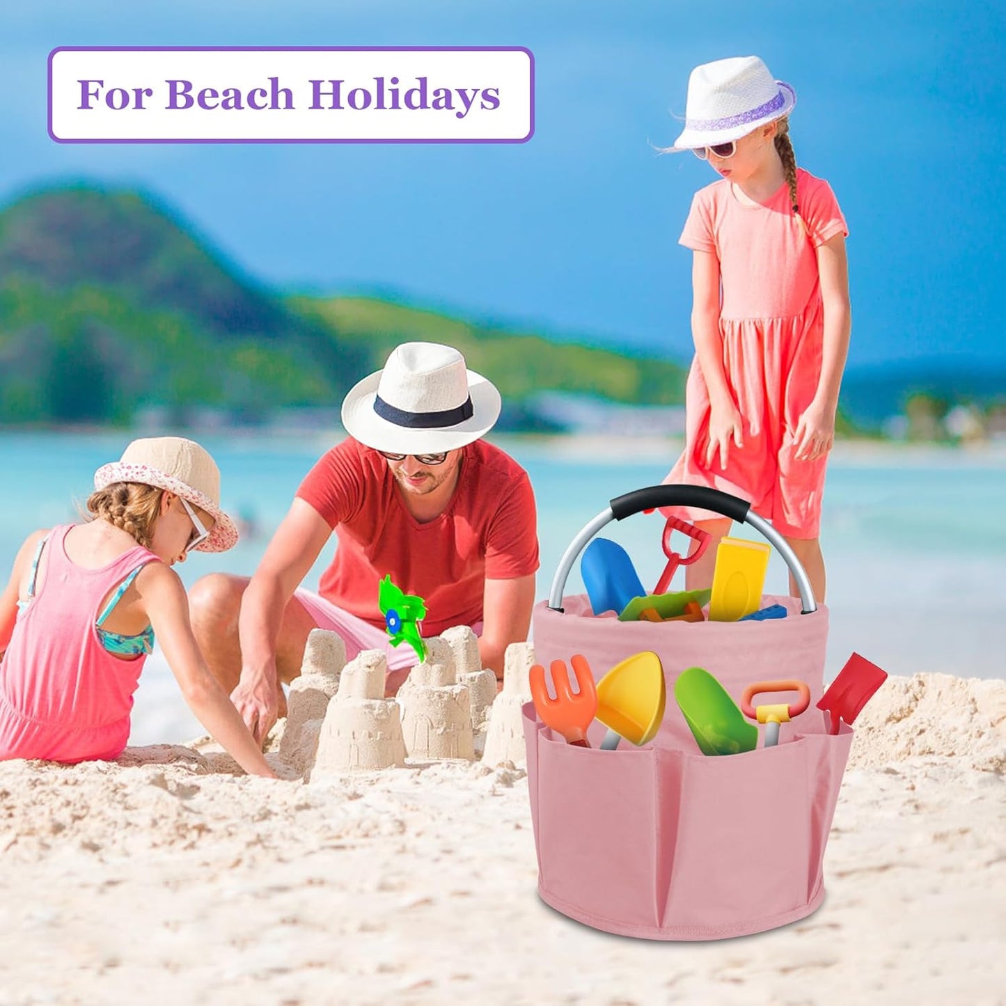 17L Portable Shower Caddy with 6 Side Pockets, Foldable Cleaning Supply Caddy with Handle, Garden Tool Bag in 600D Oxford Fabric, Multifunctional Storage Basket for Showers, Picnics, Pink