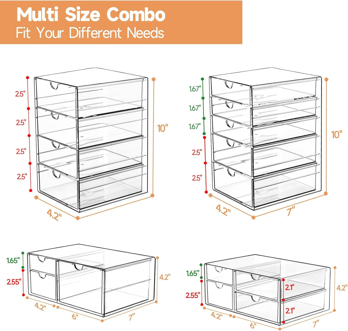 Makeup Drawer Storage Organizer with 16 Drawers, 4 Set Acrylic Office Desk Organization and Storage, Dustproof Drawer Organizer for Makeup, Office, Countertop, Jewelry, Pen, Desktop, Bathroom, Bedroom